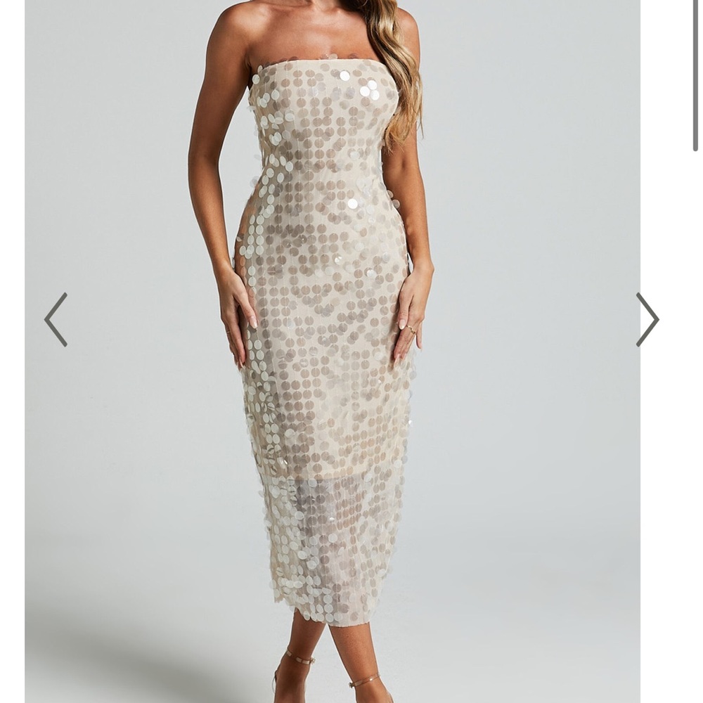 STACEY MIDI DRESS- STRAPLESS SEQUIN DRESS IN CHAMPAGNE